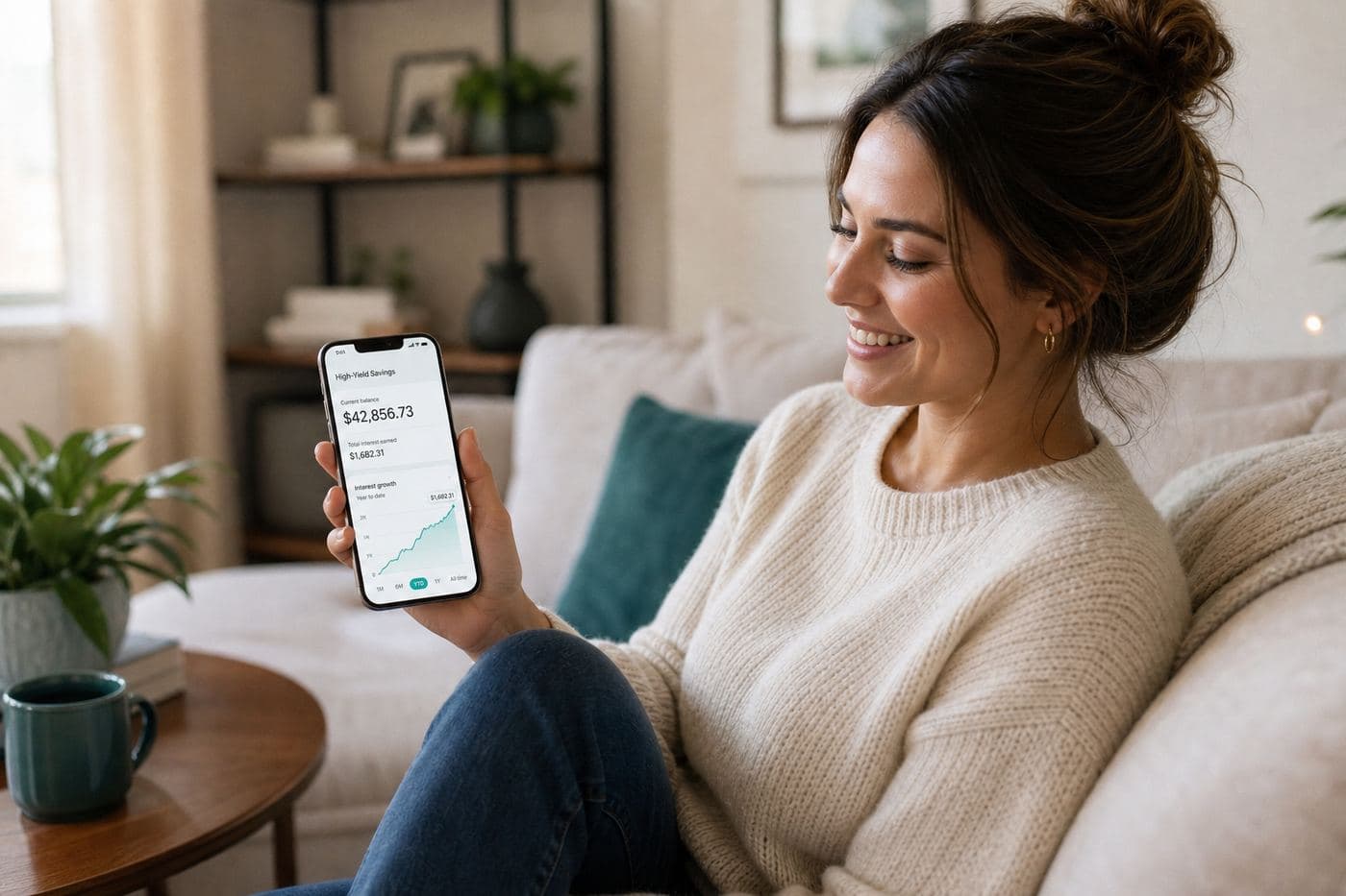 Woman checking her high-yield savings balance on her phone